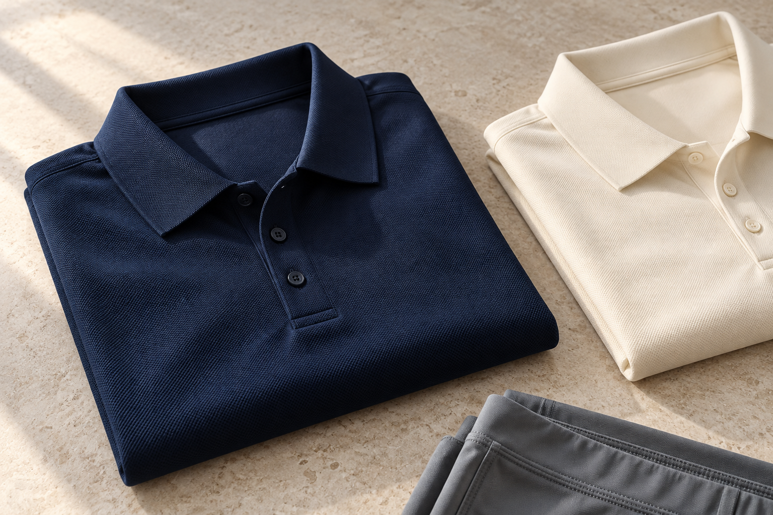 Illustrative unbranded navy and ivory sports apparel
