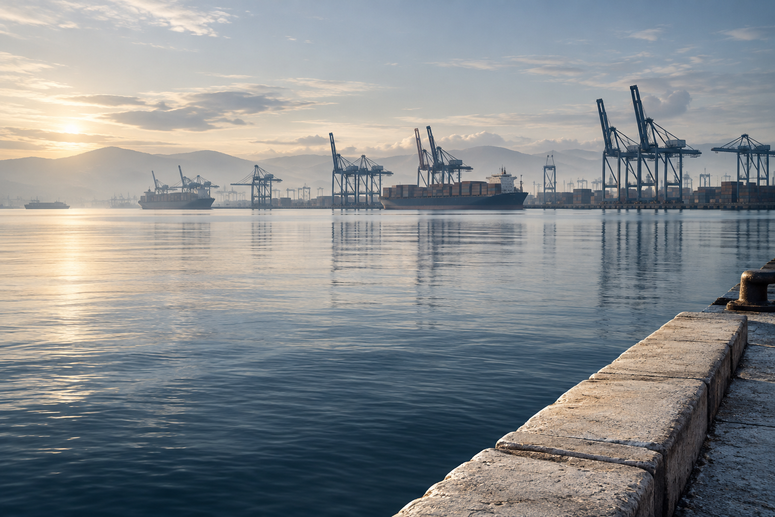 Calm water and cargo ships at an international harbor